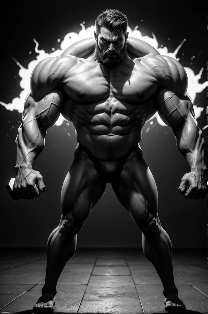 God Atlas, "strong nuclear/muscular Android/Biomechanical God with angry face and head exploding with nuclear and electric effects, carrying a bar weight gym with his hands, complet full body, demential mood, cinematic wide angle lens, sketch style, 8k sophisticated B/W draw, denoise, meticuly detailed, richly illustrated, in cinematic location, in perfect symmetry"