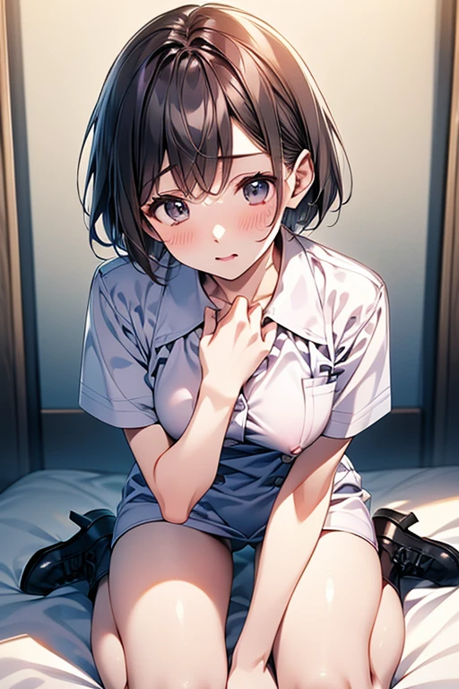 Beautiful woman, (High resolutionで美しい黒い目)、Anatomically perfect body, thin、(nurse、nurse、白いnurse服), (Please place your hand on your chest), (Looking down:1.3)、18-year-old、(Highest quality)、Black Hair, (short hair)、(8K, High resolution)、(shy:1.4)、Mid-chest, (vapor:1.1), (Embarrassing:1.3), Glossy Lips、Erect nipples、On the bed、(足がthin)、(wariza)