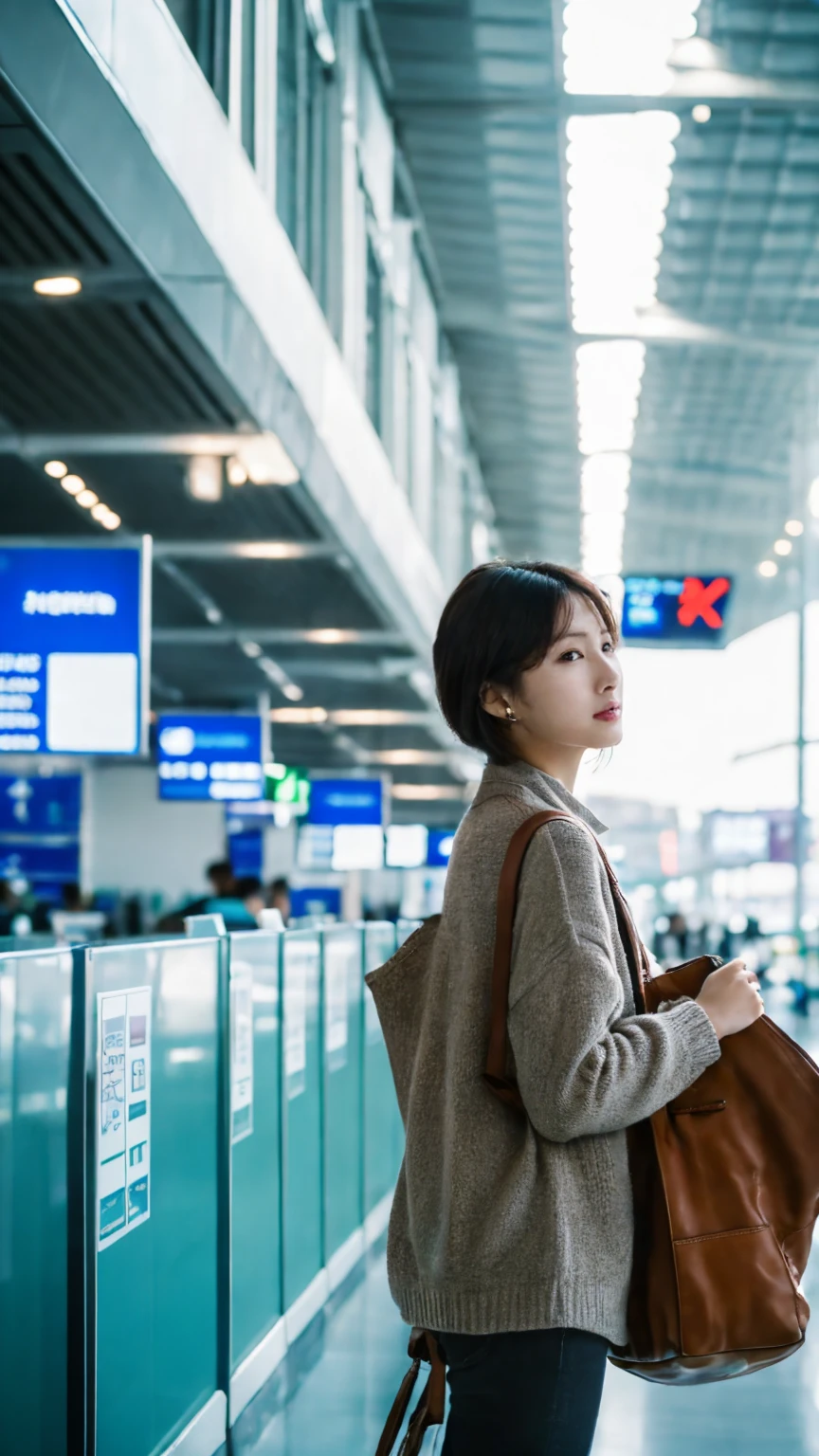 (airport:1), afternoon, (Doctor's gown:1), Light brown short hair with fringe, Light brown eyes, One girl, 20-year-old, Innocent, (Realistic), (Intricate details:1.2),(masterpiece, :1.3),(Highest quality:1.4), (超High resolution:1.2), 超High resolution, (Fine grain), (Detailed facial features), High resolution, 8K resolution, (Lens flare:0.7), turn around, Busy inspecting reports, Face Viewer