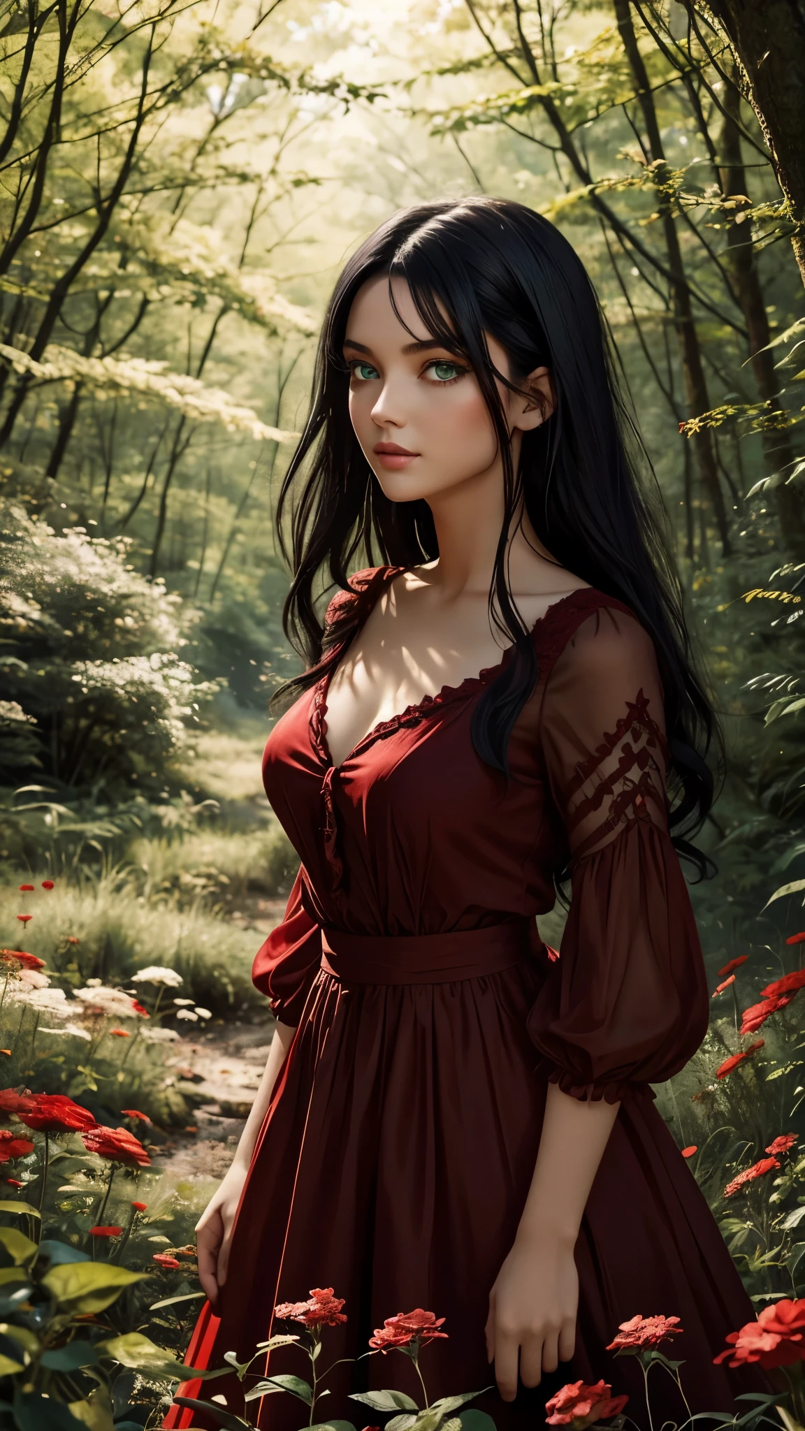 Beautiful girl with green eyes and black hair wearing red dress in a beautiful forest full of flowers 