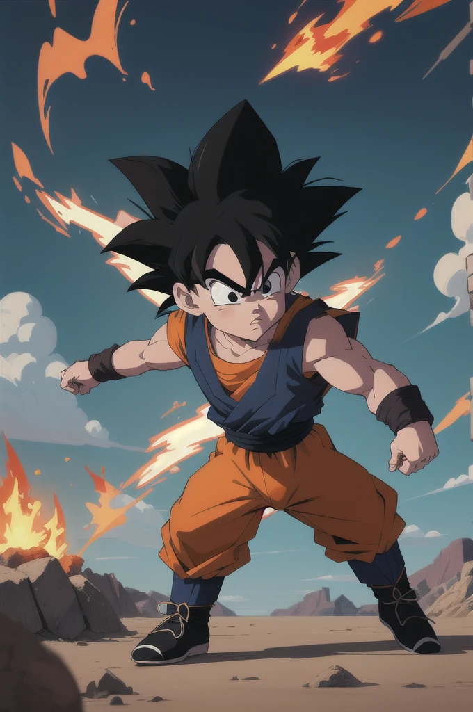 Manga style, illustration, line art style, high quality, manga masterpiece, highres, very detailed, digital illustration, small Kid Goku and Piccolo, Dragonball, black hair, spiked hair, real goku clothes orange color, black belt and black shoes, fire ball, dougi, outdoors,fighting,
