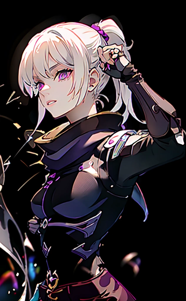 upper body, 1 girl, white hair, ponytail, purple eyes, (Ninja), dagger, Moderate breath ,scarf, Wallpaper, magic circle background, light particles, blue light,