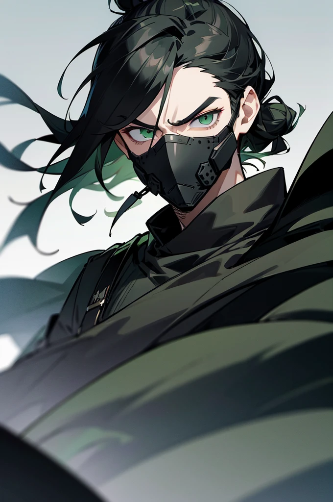 man bun, medium length hair, green eyes, black hair, serious face, upper body only, city background, dark black hair, charcoal colored hair, BLACK HAIR, dark armor , black cape, mask covering face
