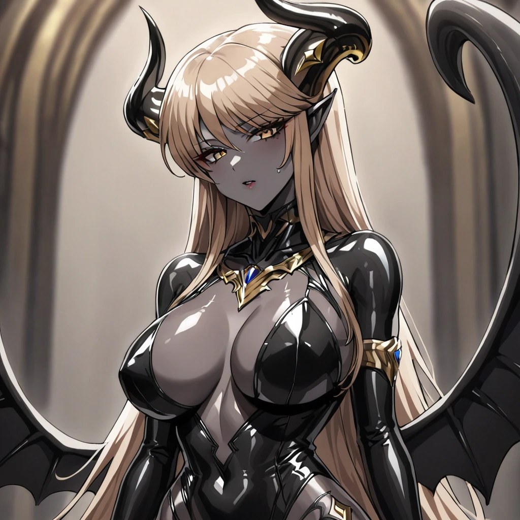 ((Highest quality)), ((masterpiece)), (detailed), （Perfect Face）、The woman is a y devil with jet black skin、The woman is a jet-black female demon with magnificent devil horns, jet-black devil wings, and a jet-black tail. Her skin is jet-black and she is wearing a seductive shiny black bodysuit decorated with gold. She is the jet-black demon Princess Leona, with medium-long light brown hair, and is a demon in both body and mind.、The woman is the wife of a dignified and powerful demon king, her beloved husband.