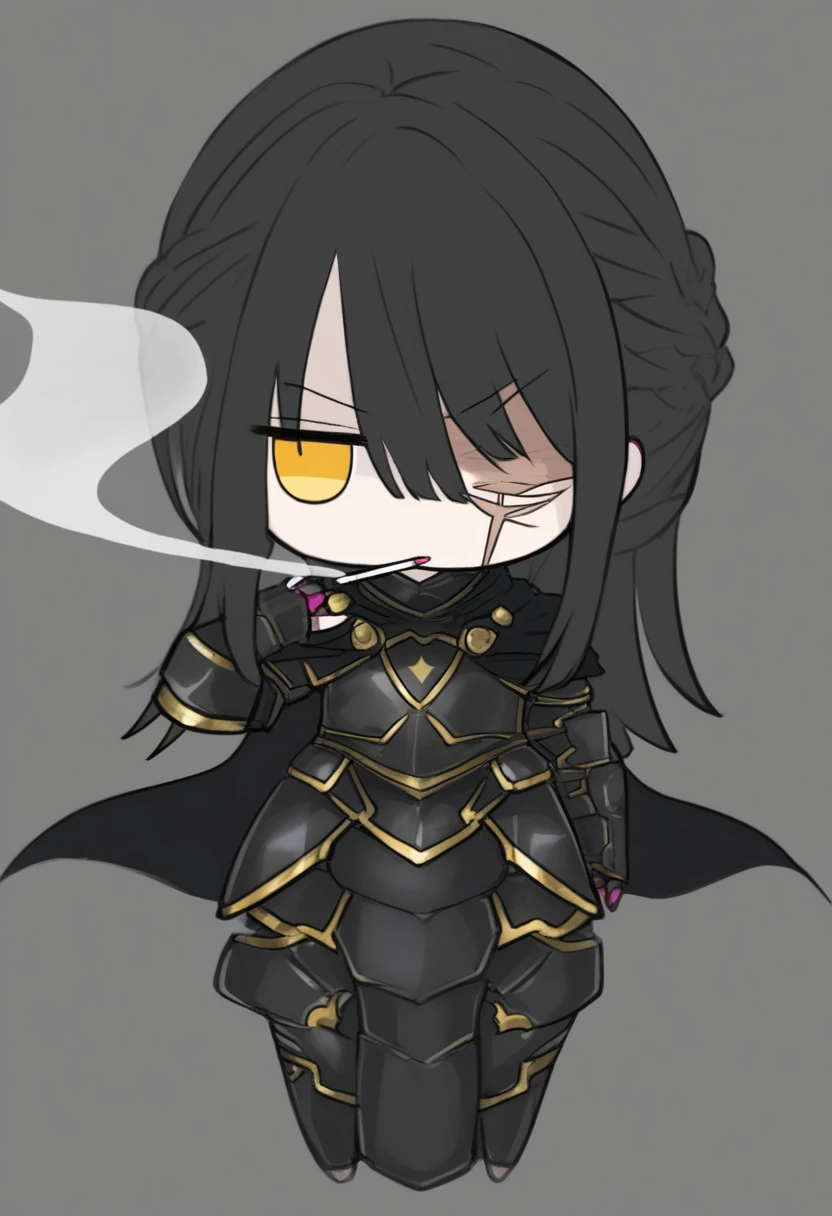 {{{kame (kamepan44231), no humans, chibi, jitome, fumo (doll)}}}, full body, 1 woman, solo, mature female, golden eyes, black hair, french braid, long hair, braided hair, black armor, black cape, looking at viewer, facing viewer, simple background, cigarette, smoking, angry, scar, scar over eye