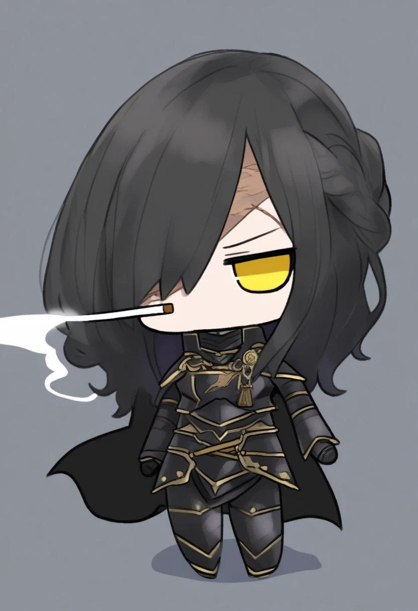 {{{kame (kamepan44231), no humans, chibi, jitome, fumo (doll)}}}, full body, 1 woman, solo, mature female, golden eyes, black hair, french braid, long hair, braided hair, black armor, black cape, looking at viewer, facing viewer, simple background, cigarette, smoking, angry, scar, scar over eye