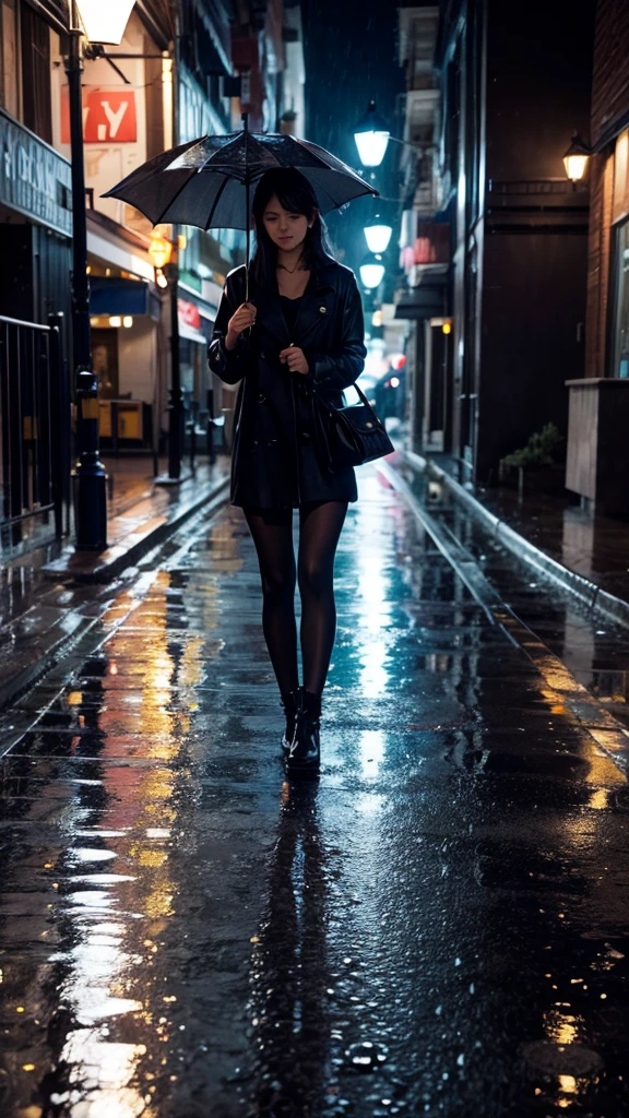 City of night Rain falling on the sidewalk