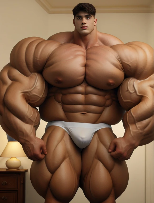 1boy, giant, alone, giant bodybuilder, illuminating light, strong body, bulk, large size, standing, with white background, indoor, nude, white triangular underwear, thick bulge, scratch his bulge, extraordinary big, brutalmass, giant muscular body, bulk, buff, massive body, large meaty body size, extremely wide body