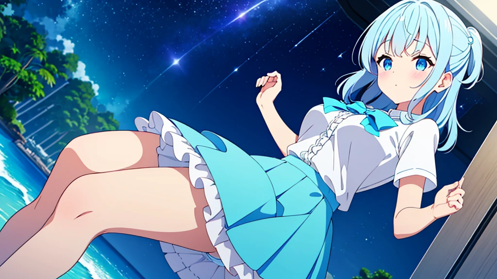 A nice white shirt that lets you see. 、Light blue flared skirt with ruffles、She lifts her skirt with both hands to show off her pretty white underwear.、Cute white underwear visible when you lift your skirt.、sandy beach, beautiful sea, night and starry sky small breasts