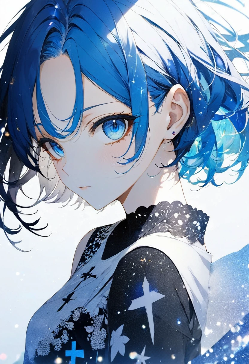 16k, (double exposure:1.05 silhouette: 1.1) (many detailed particles light) (background is exposure:1.1 ParticlesColorfulLight), wearing layered one piece dress, frontale forehead blue hair short hair lovely blue eyes girl. black tattoos, black tattoo cross on left cheek