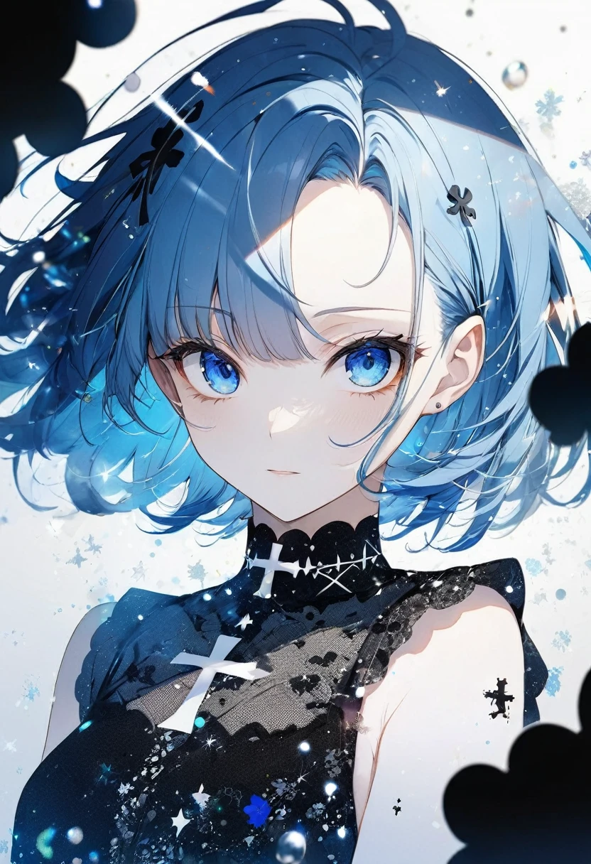 16k, (double exposure:1.05 silhouette: 1.1) (many detailed particles light) (background is exposure:1.1 ParticlesColorfulLight), wearing layered one piece dress, frontale forehead blue hair short hair lovely blue eyes girl. black tattoos, black tattoo cross on left cheek