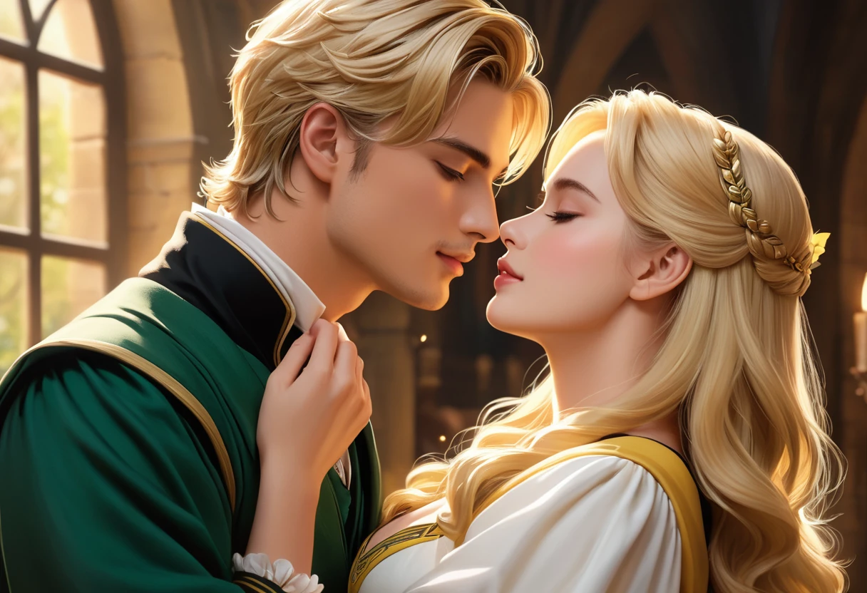 Casal blond, homem Sonserina blond, Hufflepuff Hufflepuff and blonde, Slytherin men fall in love in the enchanted world of Hogwarts, blond, Mulher Lufa Lufa loira e Homem Sonserina blond se envolvem em uma história de amor mágica. The scene unfolds with breathtaking beauty and attention to detail, com beijo apaixonado do casal de blonds, Obra de arte blond. As we delve deeper into this scene, the expertly crafted visuals capture the essence of their love. Os Cutes olhos detalhados da mulher de Lufa Lufa loira brilham com uma sensação de admiração, drawing you into their enchanting connection. O olhar intenso do homem blond de Sonserina blond reflete sua admiração afetuosa por ela, the depth of your emotions radiating from your soulful eyes. Your lips meet in a tender embrace, Portrayed with delicate precision and captivating realism. Os intrincados detalhes de seus lábios formam uma união perfeita de blonds, your love immortalized by masterful brushstrokes. Homem blond da casa de Sonserina blond e Mulher loira da casa de Lufa Lufa loira, couple in love, Cutes, apaixonados blonds