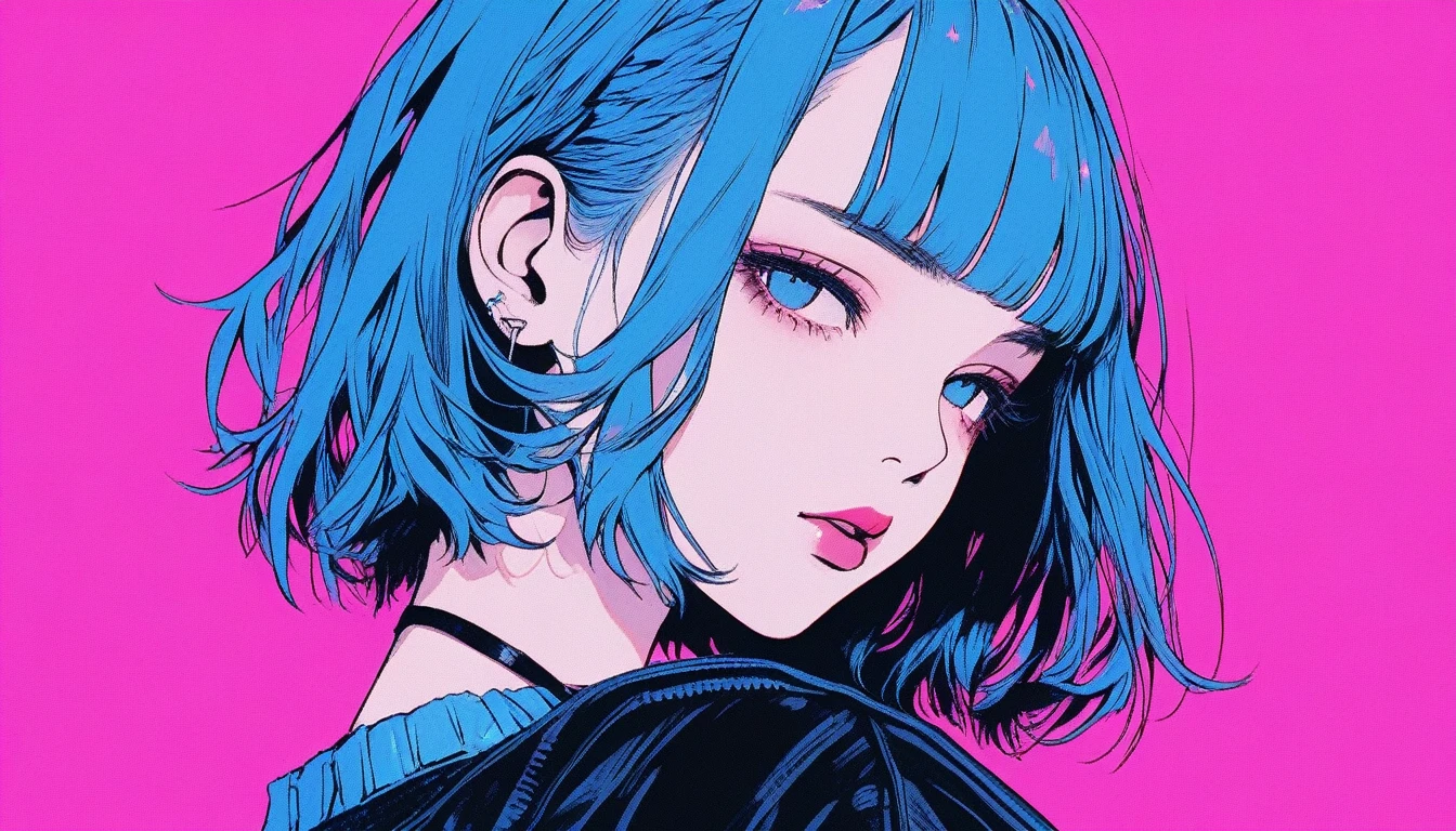 Illustrator, anime , Realistic ,sketch , 1 Girl, ,lip, T-shirt,order,Textured Trim, (masterpiece,Highest quality) Blue background, Neon Hair,Textured Trim, Canadian, (masterpiece,Highest quality) Cancer