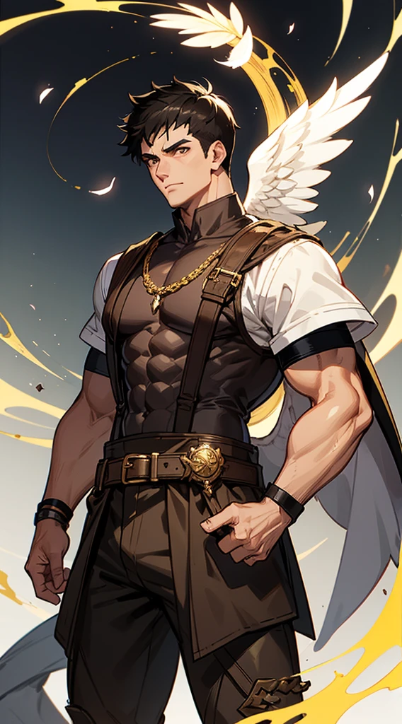 Handsome man, black hair, very short hair, ((crew cut: 1)), golden eyes, fair skin, ((muscular: 1)), man, 50 years old, muscular, in good shape, muscular. no shirt, gold details, baggy gray pants, black and brown belts, black boots, lots of belts, paladin, patriarch, flying feathers, angel transformation, elemental power of light, power of life.
