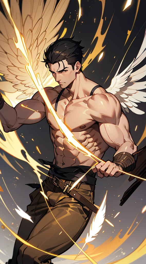 Handsome man, black hair, very short hair, ((crew cut: 1)), golden eyes, fair skin, ((muscular: 1)), man, 50 years old, muscular, in good shape, muscular. no shirt, gold details, baggy gray pants, black and brown belts, black boots, lots of belts, paladin, patriarch, flying feathers, angel transformation, elemental power of light, power of life.

￼



