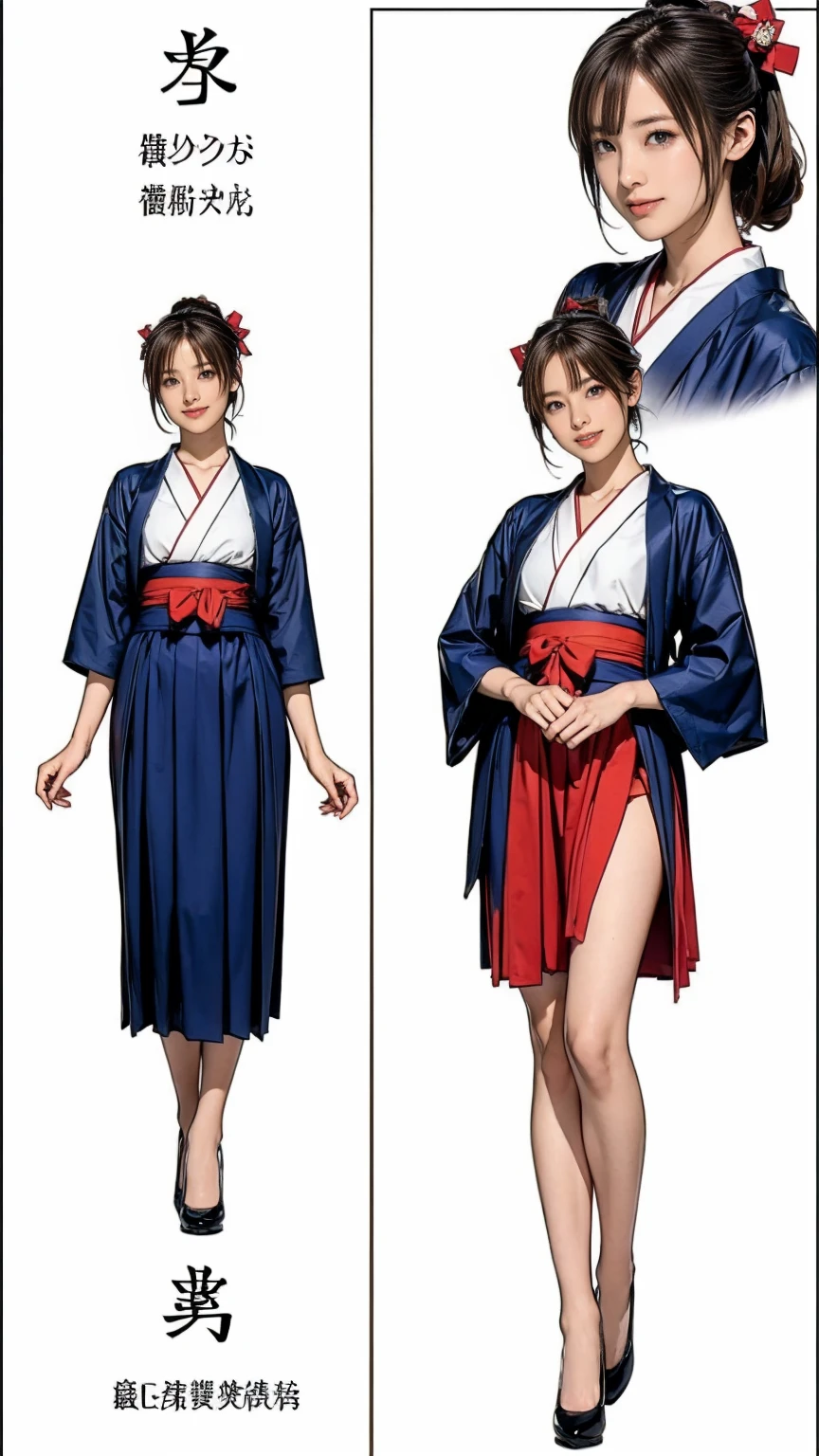 ((masterpiece)),(((Highest quality))),((Character design sheet)),Thin thighs,Long legs, One girl, Honoka, Shrine maiden, Hakama skirt, Sitting, shrine, smile 