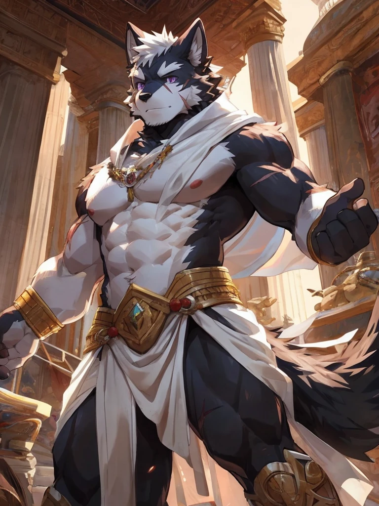 embedding:black wolf, male,purple eyes,Scar on the face, scar on the body,Single person,Toga,Costumes of ancient Greece,White clothes,Gold decoration,White halo overhead,Sacred tattoos,Laurel,A sacred gesture,Stubble,sacred,bulge,Expressions and movements full of divinity,A serious expression,The highest quality of scene detail,adult,Tall and powerful,muscle,Best quality hands, best quality eye,detailed fur,Delicate eyes.Extreme picture quality,by sollyz,by zixiong,by milkytiger1145