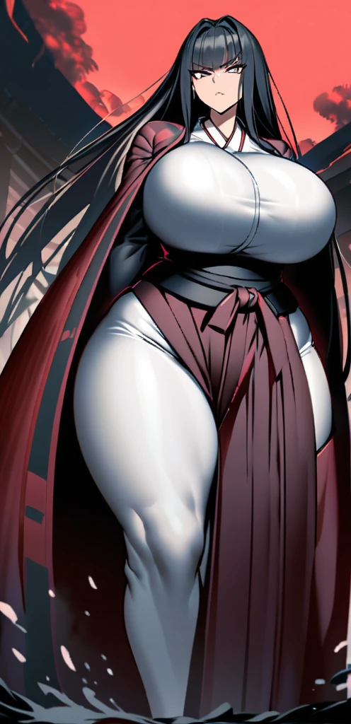 Samurai woman with gigantic round breast that are twice the size of her head, she has extremely wide hips, she wears a long dark hakama that covers her body, holding katana, she has a serious look on her face, ready for battle