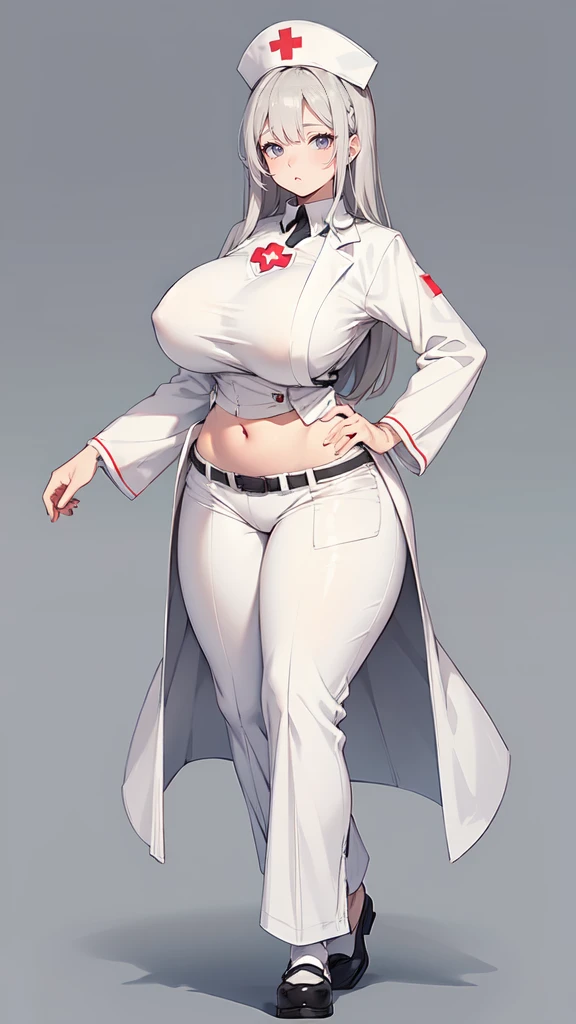 ((blank background)), masterpiece, best quality, silver hair, (big breast:1), ((full body framing)), symmetry, nurse woman, nurse uniform, nurse cap, long pants, ((curvy)), wide hips thick thighs, only white, all white, belt below navel, ((lab coat))