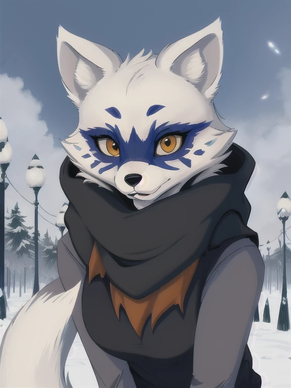 Alopex, arctic fox, furry, blue mark, tmnt, smile  orange eyes, girl1, solo, park, cit, brown scarf, black shirt, black short, best quality, masterpiece, 