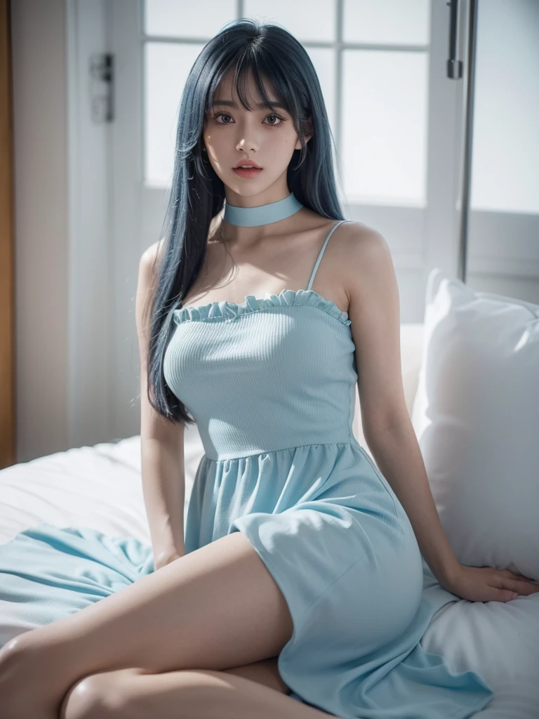 1girl, alone, solitary, high quality, (best quality,4k,8k,highres,masterpiece:1.2),ultra-detailed,(realistic,photorealistic,photo-realistic:1.37),gorgeous hair,light blue hair, light blue long straight hair with bangs,puffy eyes,mole on the cheek,plump lips,jewelry,(high detailed skin:1.4),(rim lighting:1.3),(lit:1.3),(sunny day:1.3),portrait,beautiful lips,waist-length hair,seductive gaze,moles,sundress,pastel dress,short dress,close up,really long hair,choker necklace,tattoos,tattooed,light eyes,bangs,fringe