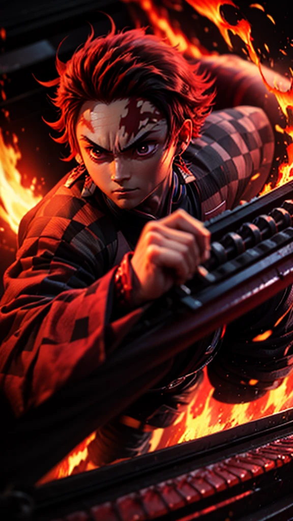 (Tanjiro), (OriginalOutfit), (ScarScar on forehead Checkered Clothes 1Boy Red Hair) realistic, detailed eyes,holding a katana, fire background effect,in attack position