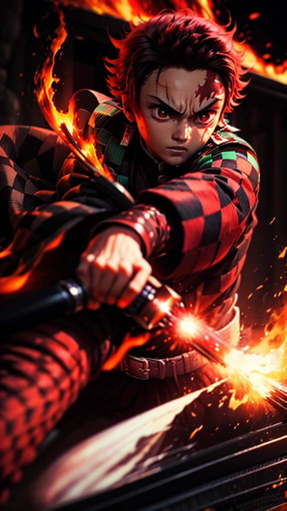 (Tanjiro), (OriginalOutfit), (ScarScar on forehead Checkered Clothes 1Boy Red Hair) realistic, detailed eyes,holding a katana, fire background effect,in attack position