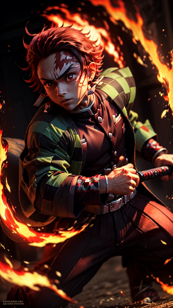 (Tanjiro), (OriginalOutfit), (ScarScar on forehead Checkered Clothes 1Boy Red Hair) realistic, detailed eyes,holding a katana, fire background effect,in attack position