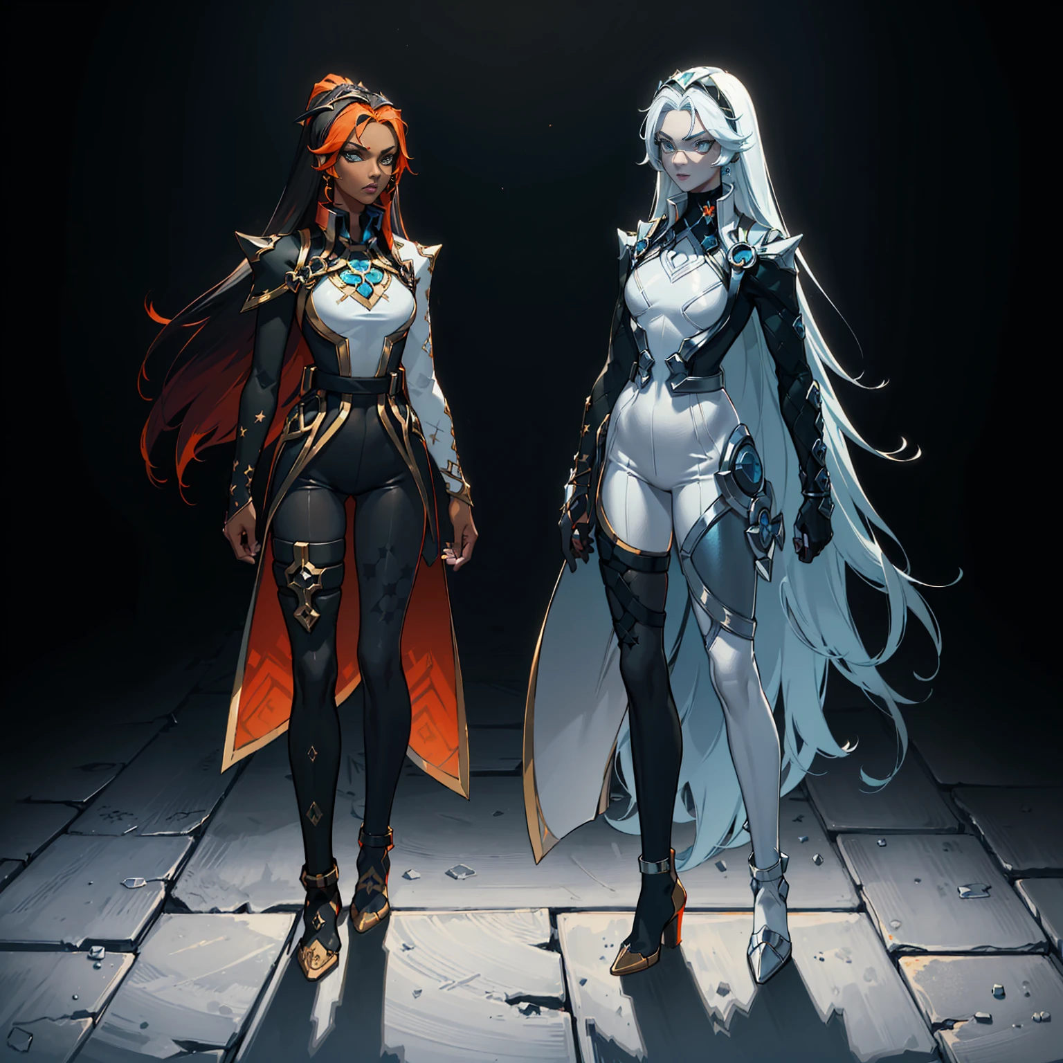 ((full body photo, standing, on the ground)) (((conceptual artwork))), (((one caracter))), female, (((darkskin)))), Black hair with ponytail, clear blue eyes, Round glasses with slightly dark lenses, this lens being orange, and the Light Blue frame, ((Black metallic gauntlets and greaves with orange and silver highlights)), (((The clothes have a mix of modern and tribal))), (((The clothes have a mix of modern and tribal))),  mainly black in color, but having Orange Parts, Shoulders exposed, On the Hip, a Short that extends to Half the Thigh in black.(((one caracter))), female, (((darkskin)))), Black hair with ponytail, clear blue eyes, Óculos redondos com uma pequena lente escura this lens being orange, and the Light Blue frame, (((Black metallic gauntlets and greaves with orange and silver highlights)), (((The clothes have a mix of modern and tribal)))), Having mainly black color, but having orange pieces, Shoulders on display, On the Hip one Shorts extending to Half Thigh in black.
