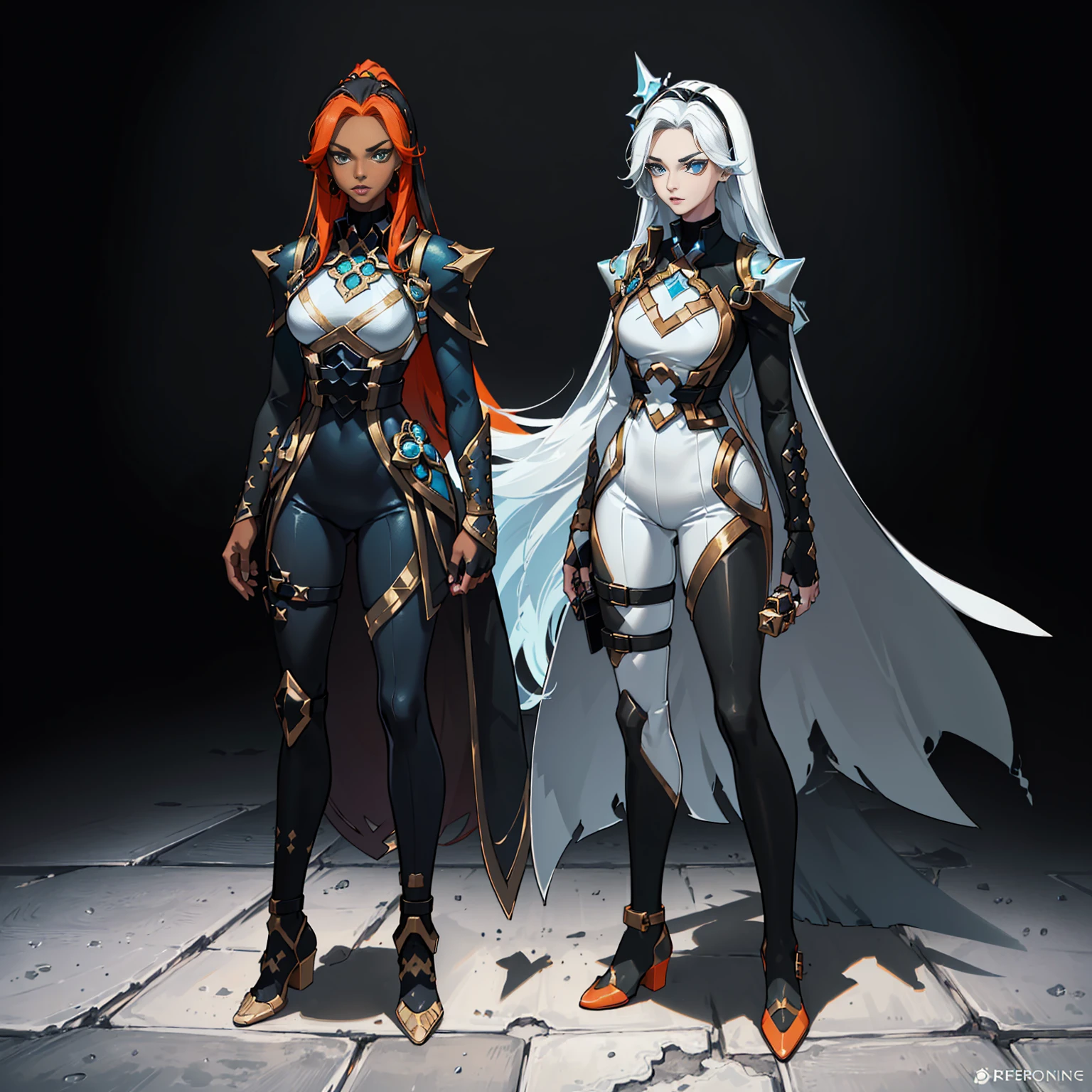 ((full body photo, standing, on the ground)) (((conceptual artwork))), (((one caracter))), female, (((darkskin)))), Black hair with ponytail, clear blue eyes, Round glasses with slightly dark lenses, this lens being orange, and the Light Blue frame, ((Black metallic gauntlets and greaves with orange and silver highlights)), (((The clothes have a mix of modern and tribal))), (((The clothes have a mix of modern and tribal))), mainly black in color, but having Orange Parts, Shoulders exposed, On the Hip, a Short that extends to Half the Thigh in black.(((one caracter))), female, (((darkskin)))), Black hair with ponytail, clear blue eyes, Óculos redondos com uma pequena lente escura this lens being orange, and the Light Blue frame, (((Black metallic gauntlets and greaves with orange and silver highlights)), (((The clothes have a mix of modern and tribal)))), Having mainly black color, but having orange pieces, Shoulders on display, On the Hip one Shorts extending to Half Thigh in black.
