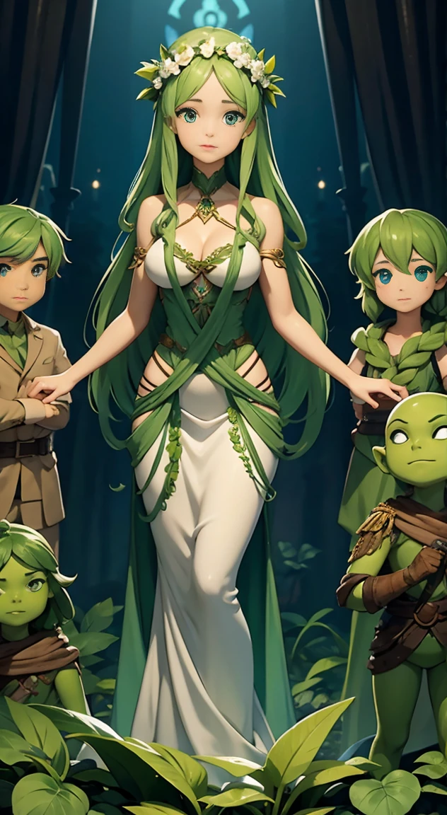 A woman made of plant matter and chitin towers over a group of adventurers,  goddess, titanic, alien, beautiful