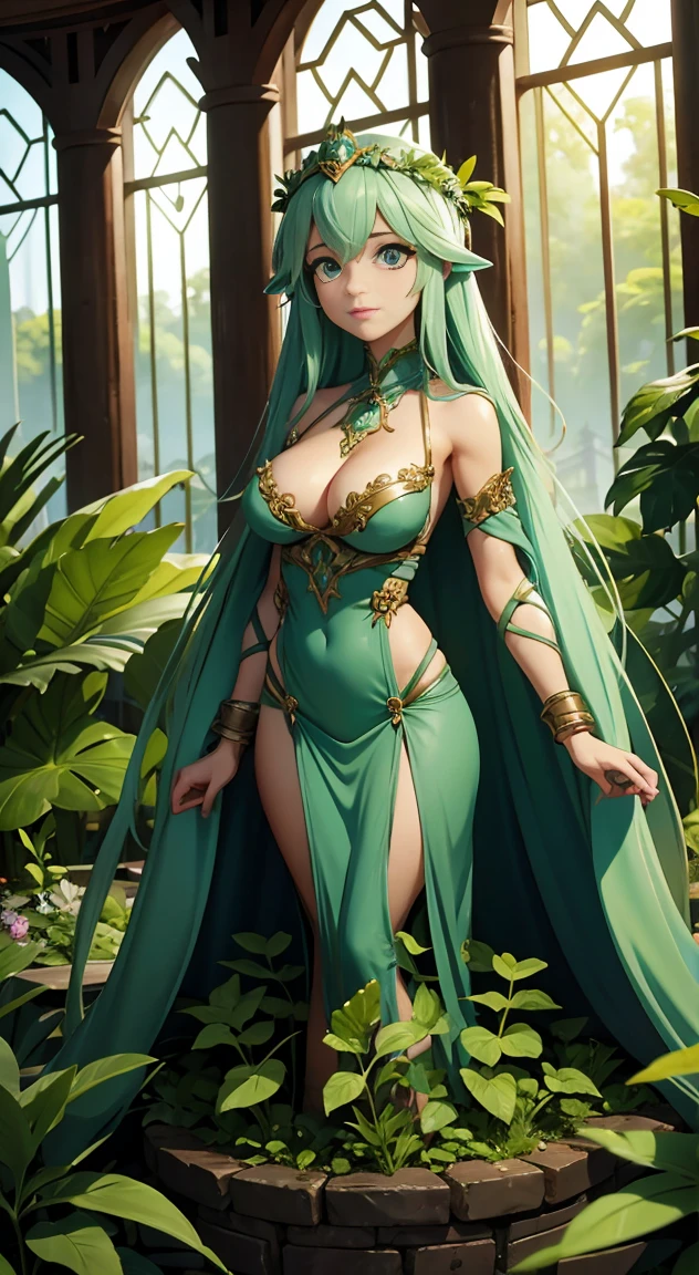 A woman made of plant matter and chitin towers over a group of adventurers, goddess, titanic, alien, beautiful