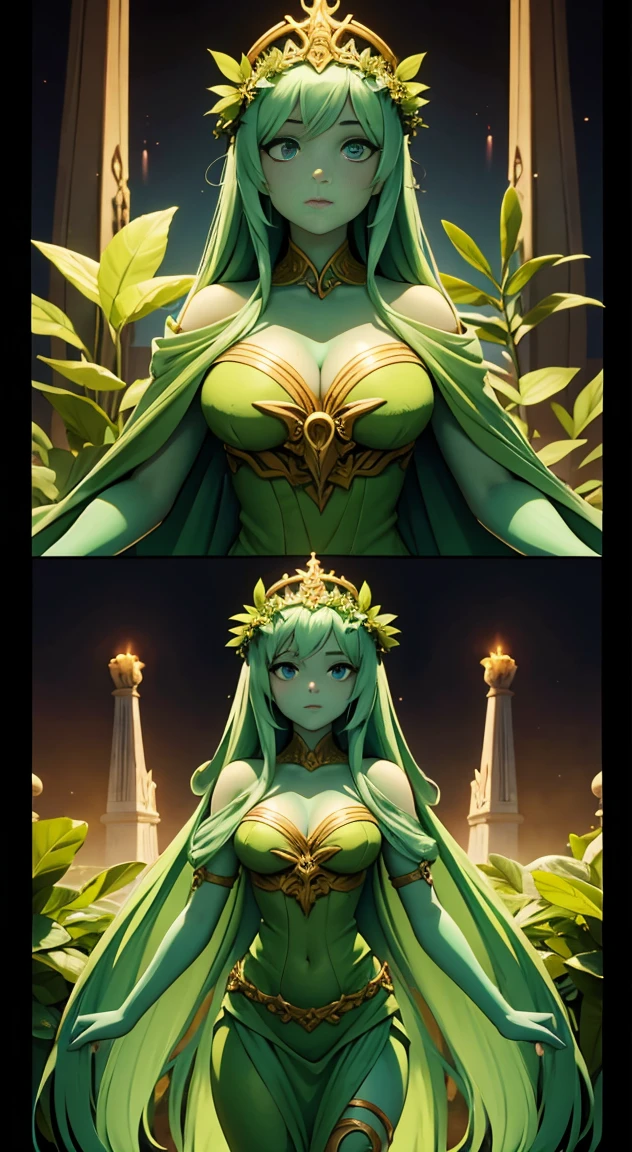 A woman made of plant matter and chitin towers over a group of adventurers, goddess, titanic, alien, beautiful