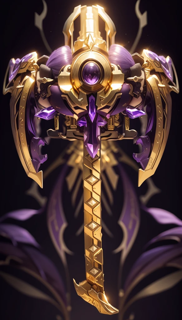 The whole is a mixture of gold and purple,There are many gorgeous carvings all over the body,Let them coexist,This can also be done around the eyes. The entire surface should be transparent purple and gold,There are no other colors.,Does not contain any other colors.,Amethyst and gold veins are crystal,There should be a lot of crystal effects like crystal,Add some gold thread for decoration。The color changes to purple and gold,Some purple and gold(Ensure its layering and armor texture,Purple is the main color,Add some gold for decoration)