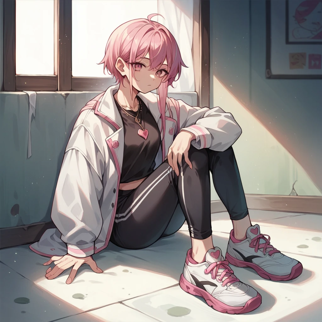 One girl, ager, light skin, long pink hair, pink eyes, black shirt, white jacket, black pants, sports shoes, anime style, digital art, heart necklace, sitting in a messy room looking out the window