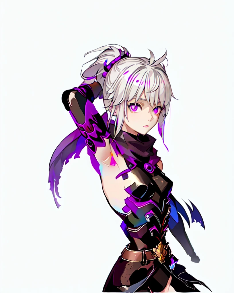 upper body, 1 girl, white hair, ponytail, purple eyes, (Ninja), dagger, Moderate breath ,scarf, Wallpaper, magic circle background, light particles, blue light,