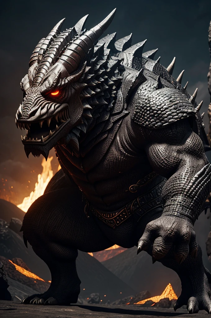 Create an imposing beast with scales that looks like something out of a bestiary that lives in volcanoes