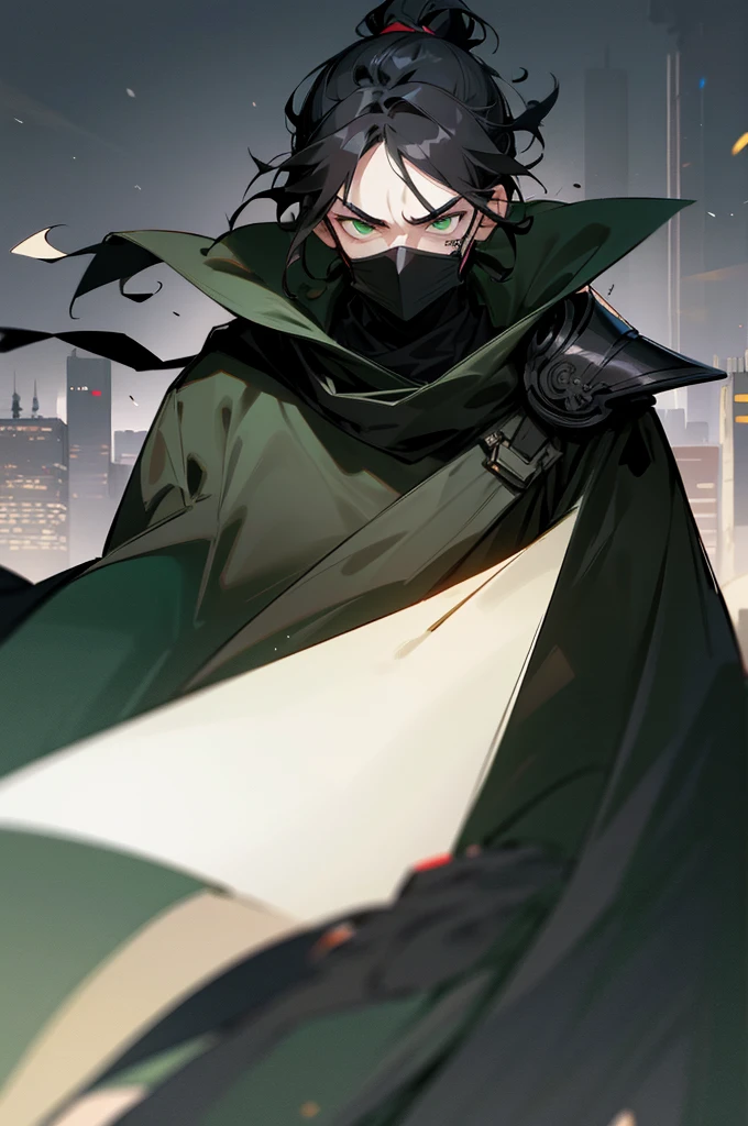 man bun, medium length hair, green eyes, black hair, serious face, upper body only, city background, dark black hair, charcoal colored hair, BLACK HAIR, dark armor , black cape, mask covering head