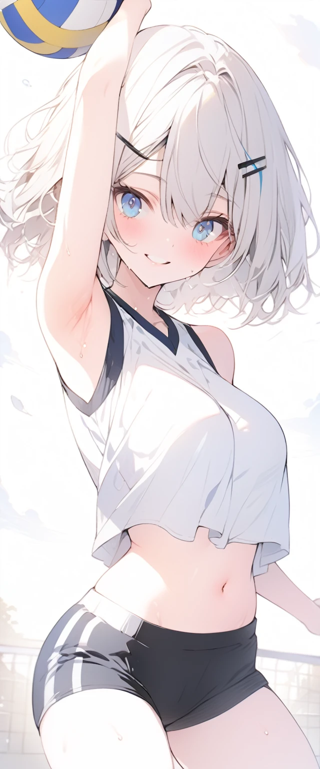 beautiful, masterpiece, Highest quality, anime, One girl, C Cup,Portrait Shot, View your viewers, Covered、Short Hair、nearby、Blue Eyes、art、、White hair,Blue streaked hair、hairpin、Cute smile、Thighs、Cute、Sweat、Volleyball uniform、Shorts、navel、Armpit、Armpit広げ、Volleyball Court、gym、Underboob