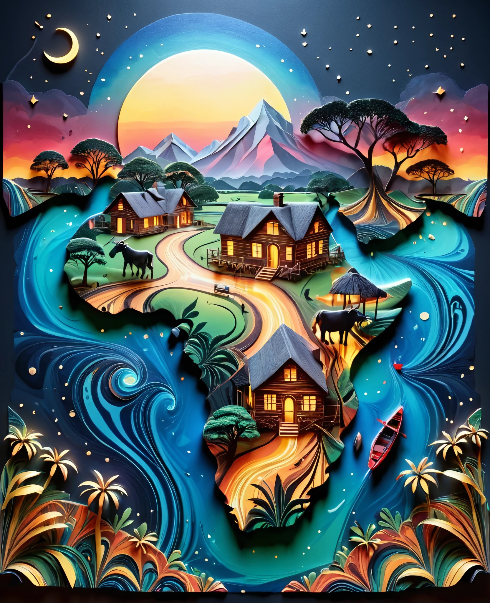 Paper cut art (((masterpiece))),best quality, illustration, African map, within African map we see a night sky, cloud, banana plantation, rivers, mountains, lions, giraffes, cows, no humans, night, birds, moon, building, night sky, scenery, starry sky, grass, house, trees, waterfall, birds in the sky, African map, vibrant color scheme, Soft light,(warm color:1.2),Water color painting, light background, best quality exquisite details,3d rendering,Octane render, pastel, paper_cut of African map.