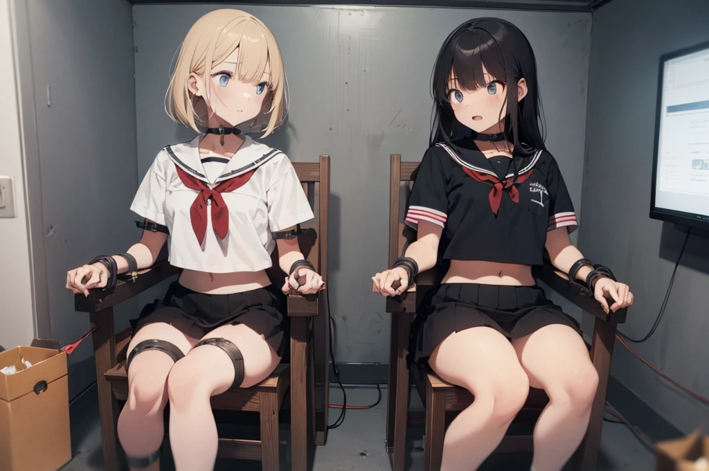 2 girls, ((squeezed together, inside tiny cube, strapped to chairs)), (sitting:1.5), (bondage chair:1.5), (inside torture room:1.5), ((basement, metal room)), (((3 girls, group of girls))), (inside tiny cube, tightly packed), arms to sides , wrist cuffs, ankle cuffs, (((shocked expression, struggling))), ((short sleeve,  sailor uniform, mini skirt, tight clohing)), arms to sides, long hair, dark hair, saphire eyes, perfect body, perfect face, detailed face, (((detailed eyes)))