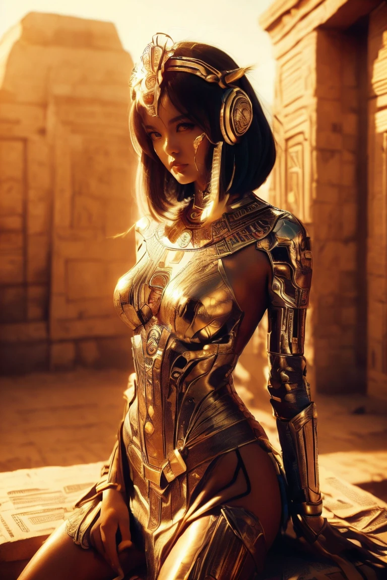 (Detailed cinematic photos of beautiful 18 year old women ((facial and body characteristics that is similar to Kristina Pimenova))), (), ((Ancient Egyptian Elegance: theme: Egyptian Style, Timeless beauty. clothing: A loose gown with Egyptian motifs, Gold Accessories. scene: A desert landscape or a setting reminiscent of ancient temples. Props: Ankh, Scarab Jewelry, Or a golden headdress.)), (), (), In detail, ultra-realistic features of her pale skin and (slender and athletic body), and (Symmetric, realistic and beautiful face), candid, (), (), (()), (), Movie stock photos,  Rich colors, Ultra-realistic, Realistic texture, Dramatic lighting, Strong contrast