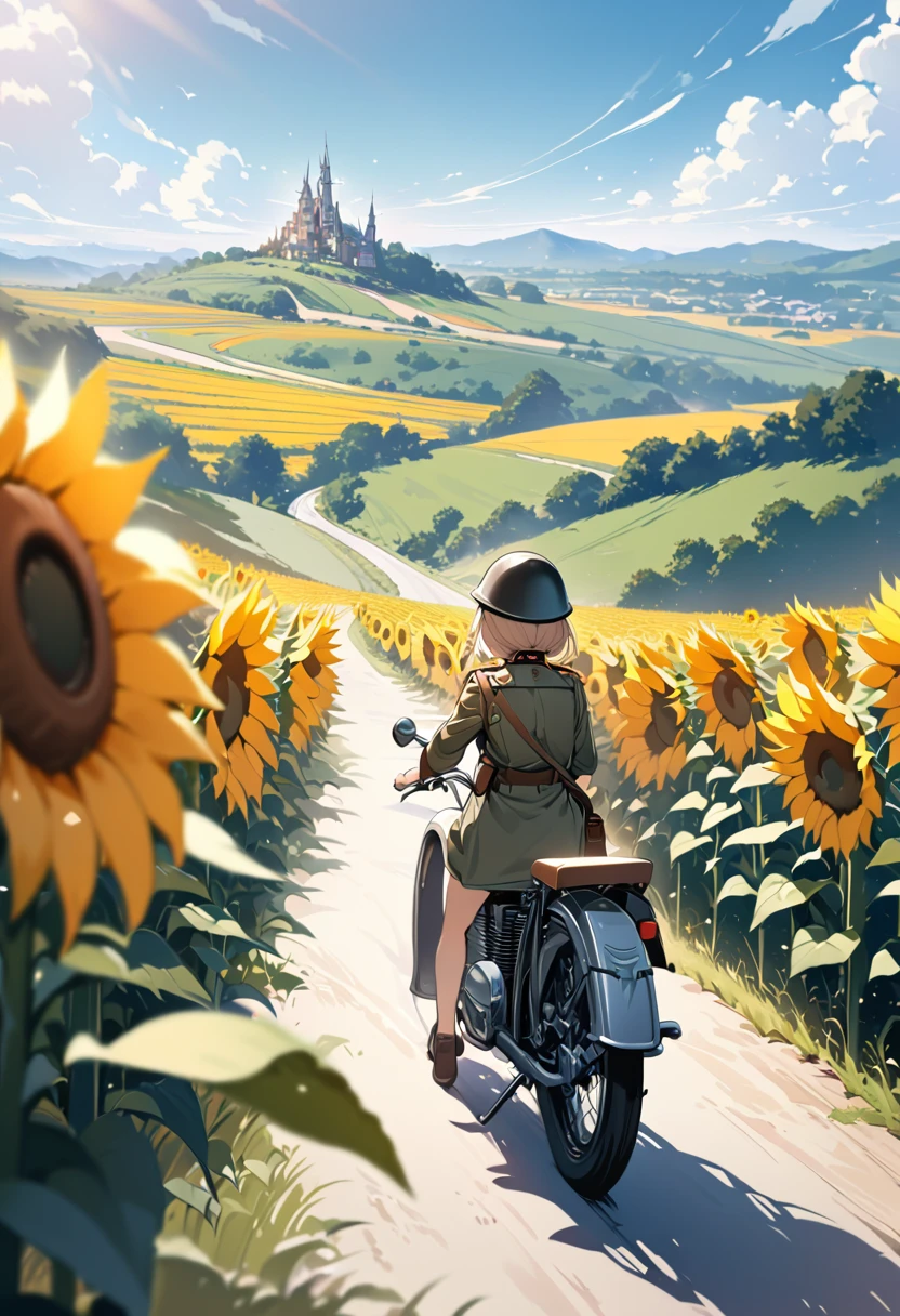 A girl soldier rides an old military motorcycle Walking along a path between wide fields of sunflowers,The girl has a cute appearance, wearing an old German army uniform, an old German army helmet on her head, and an old bag on her shoulder.The bike is an old military-style bike with a black color scheme.A sunflower field spreads out on a vast hill, and a girl is riding her bike along a road that climbs up the hill among the sunflower fields.A windmill tower on the hill,A mirage is happening,A cloudless blue sky in summer, the sun's rays telling of the heat,Fairy tale atmosphere, lonely atmosphere,A shot that shows the girl's back from a distance,(High resolution, high precision, masterpiece,4k, 8k,:1.2)ultra detail,CG illustration、Ultra-fine painting、vivid color