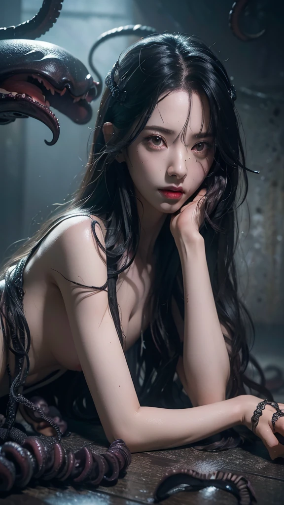 naked, prison, dark, captured by tentacles, bind by tentacles, attacked by tentacles, panic, panting, hands tied, lying on floor, close up, black hair, extremely detailed eyes, extremely detailed face, best quality, extremely detailed, one person, one girl, ultra-detailed, (realistic, photo-realistic:1.3)