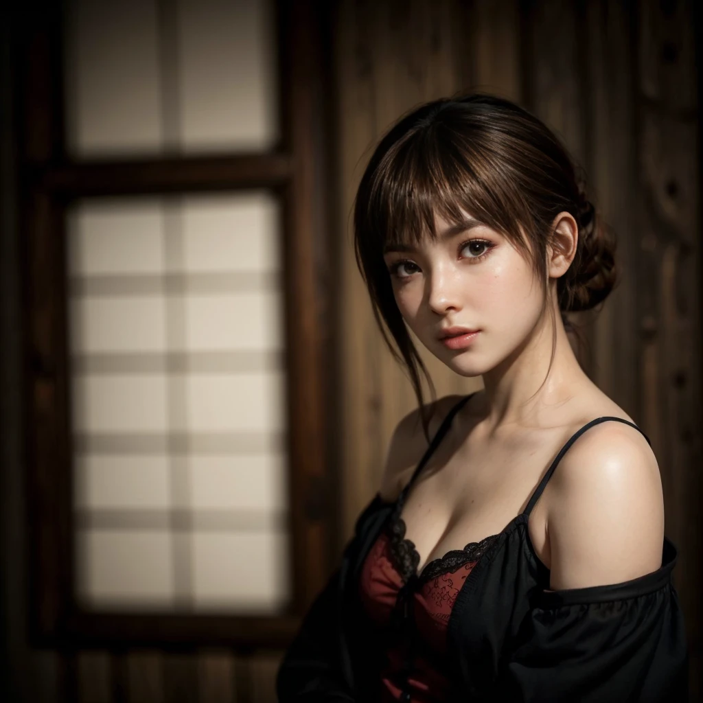 Kasumi, brown eyes, (best quality, ultra-detailed), (realistic:1.37), beautiful and detailed face, ultra-realistic texture, delicate face, delicate body, red lipstick, bright colors. High definition, 8K. expression of hate
