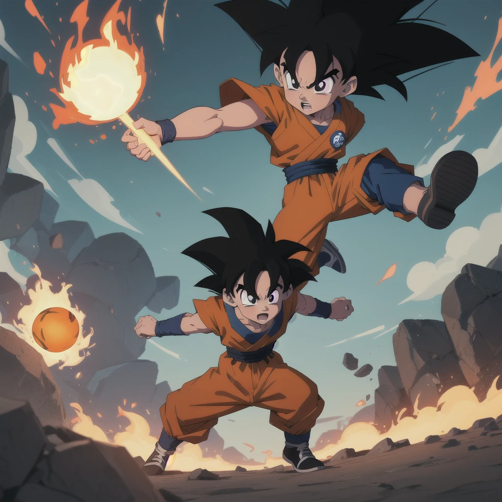 Manga style, illustration, line art style, high quality, manga masterpiece, highres, very detailed, digital illustration, small Kid Goku and alien Piccolo, Dragonball, black hair, spiked hair, real goku clothes orange color, black belt and black shoes, fire ball, dougi, outdoors,fighting,