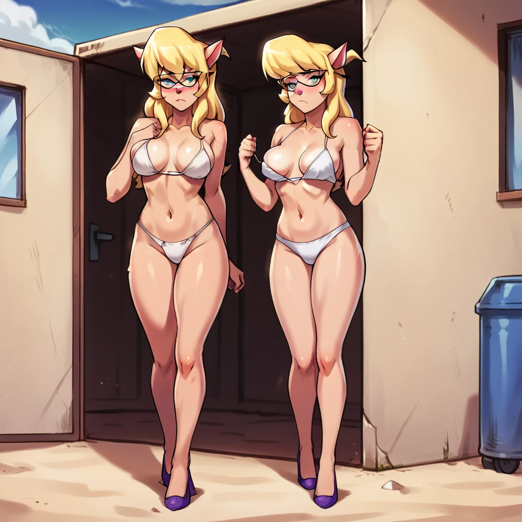 2girls, clones, Callie Briggs, detailed, detailed fur, wardrobe malfunction, legs, purple heels, blonde hair, eyes open, beach, glasses, thicc thighs, standing, white panties coming undone, white bikini bottom coming undone, seams splitting, worried