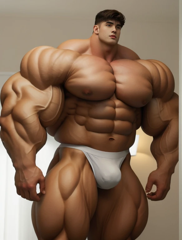 1boy, giant, alone, giant bodybuilder, illuminating light, strong body, bulk, large size, standing, with white background, indoor, nude, white triangular underwear, thick bulge, scratch his bulge, extraordinary big, brutalmass, giant muscular body, bulk, buff, massive body, large meaty body size, extremely wide body