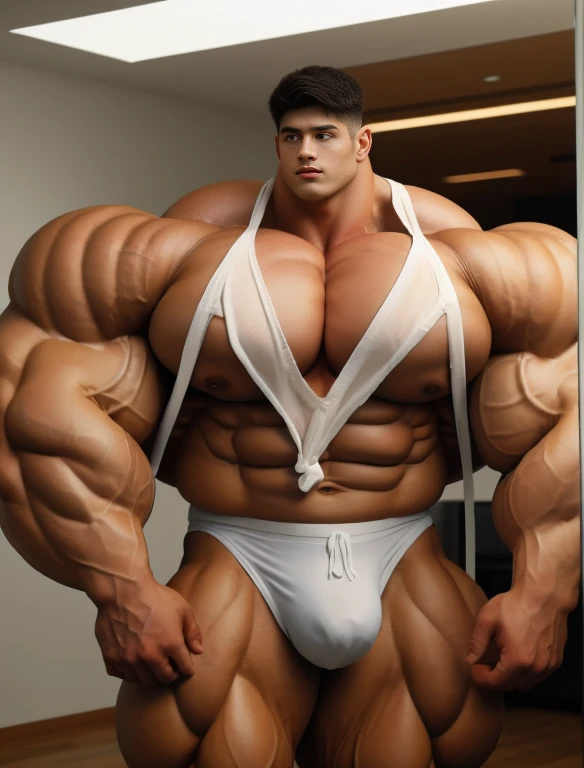 1boy, giant, alone, giant bodybuilder, illuminating light, strong body, bulk, large size, standing, with white background, indoor, nude, white triangular underwear, thick bulge, scratch his bulge, extraordinary big, brutalmass, giant muscular body, bulk, buff, massive body, large meaty body size, extremely wide body