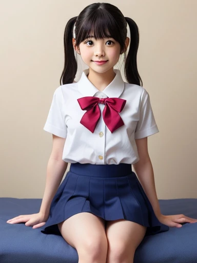 One person、One personで、An 18-year-old high school girl takes a photo wearing a short-sleeved white sailor uniform、victory、Twin tails、Tsundere、masterpiece、High resolution、Sharp focus)、Navy Blue Shirt、Red tie、Navy and red checked mini skirt、cute、Japanese women、、sexy、LaughtePerfect Anatomy、Delicate and beautiful hands and feet)、Yellow Wall,Small breasts、NogizakSlim figure、sexy、I can see your ths